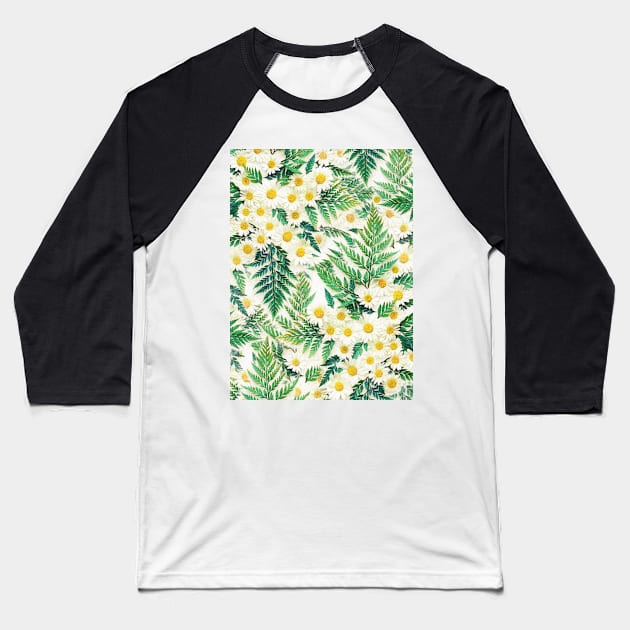 Textured Vintage Daisy and Fern Pattern Baseball T-Shirt by micklyn